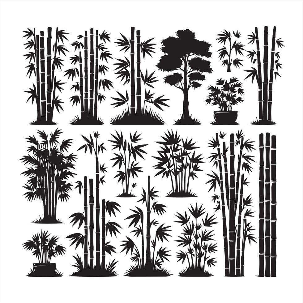 Set of bamboo silhouette on white background. vector