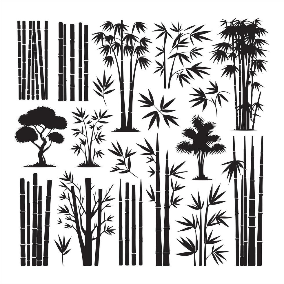 Set of bamboo silhouette on white background. vector