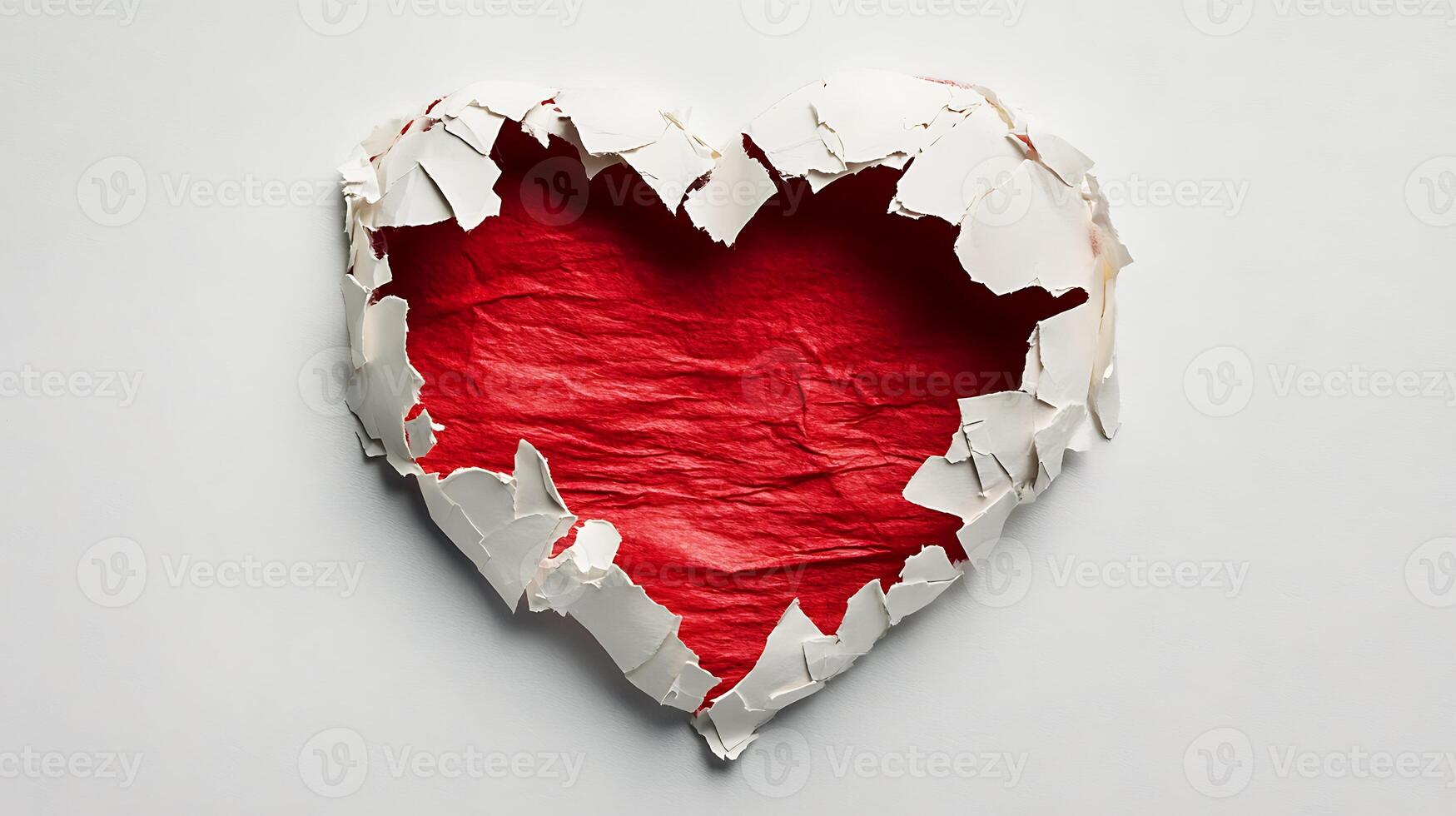 Torn red heart shape paper against white background. photo