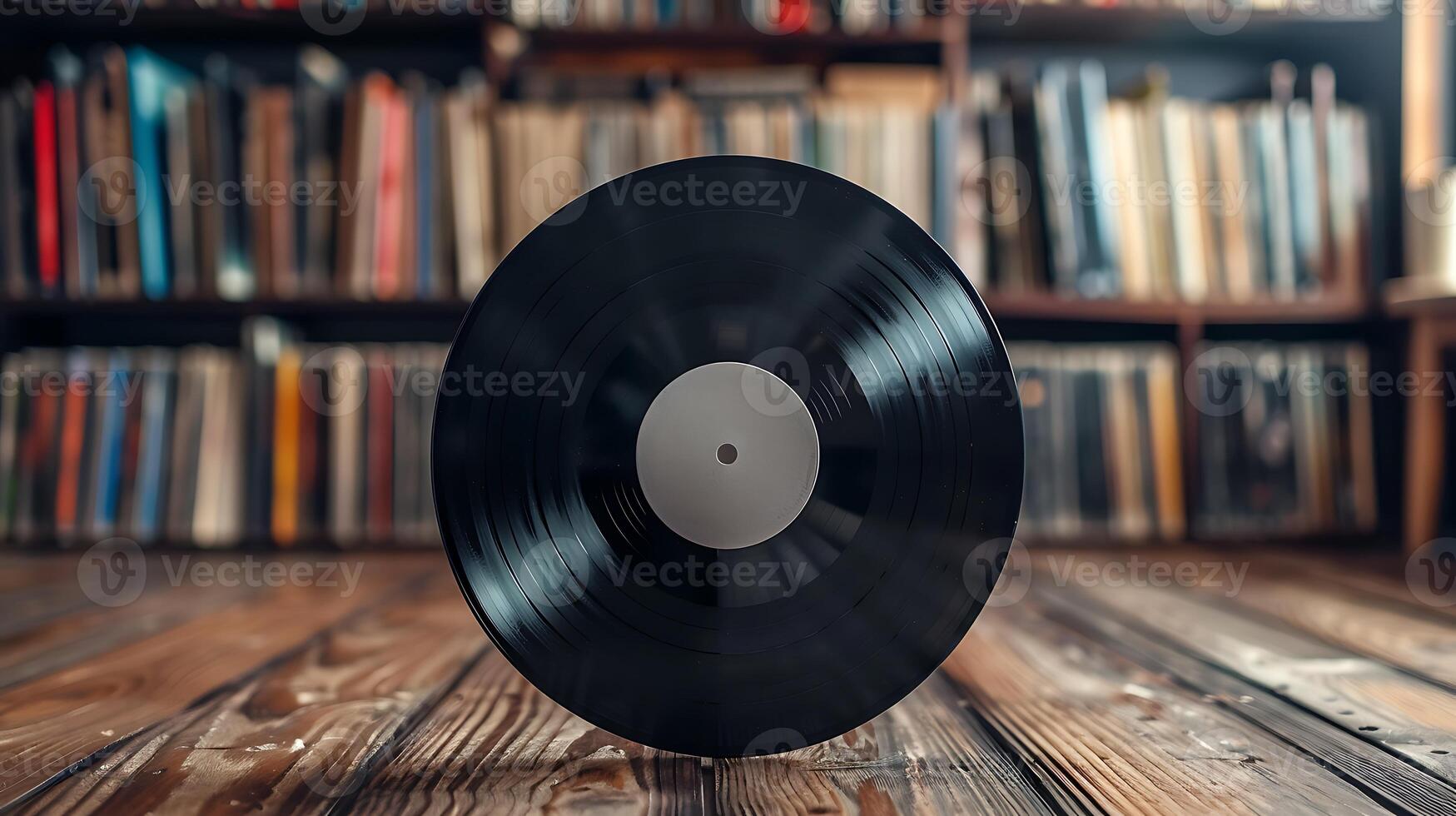 A black vinyl record lying on a wooden floor, with a bookshelf full of books in the background. photo