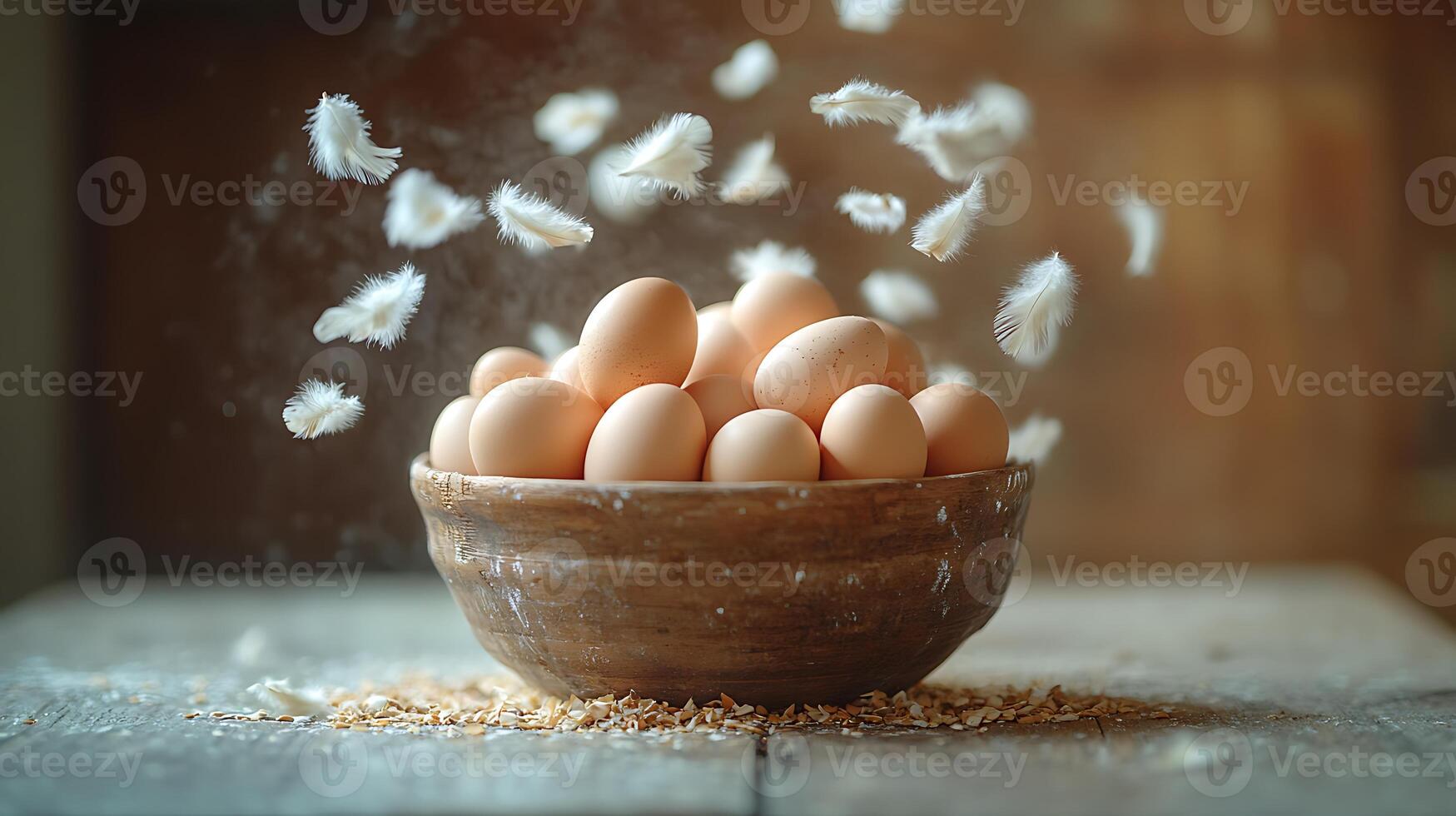 A bowl of brown eggs with feathers flying around them. photo