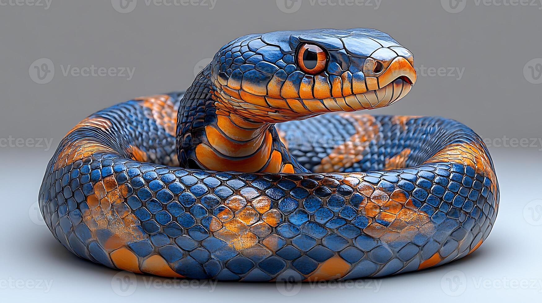 A blue and orange snake with a black and white pattern on its scales, coiled up in a defensive posture. photo