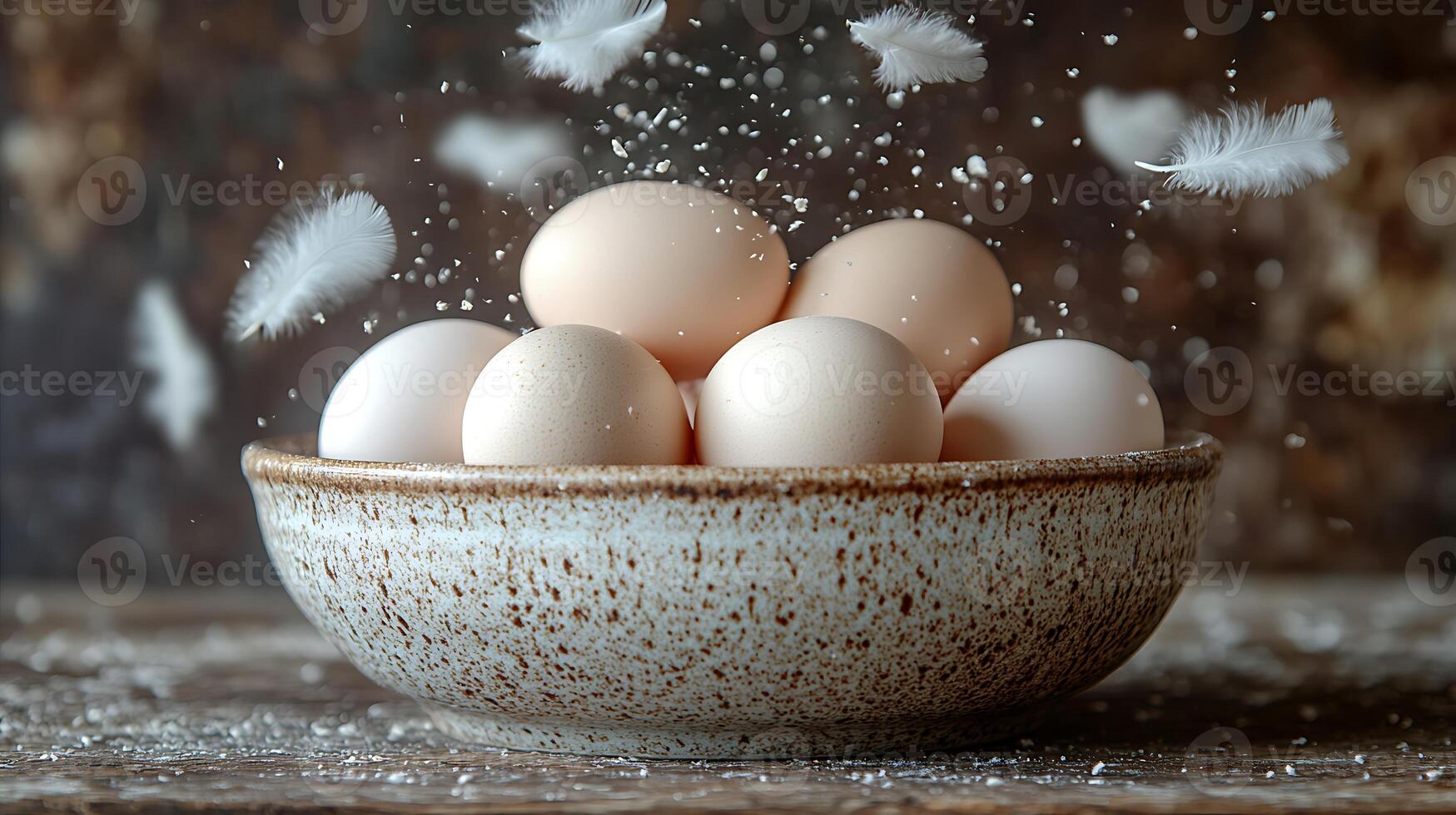 A bowl of brown and white eggs with feathers and flour falling around them. photo