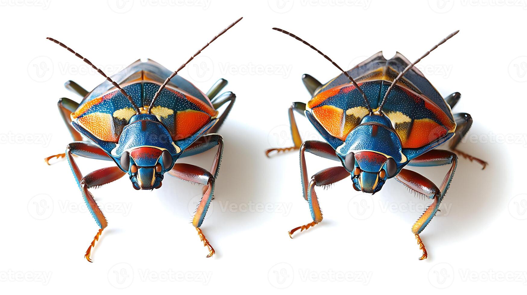 Two colorful beetles, one facing left and one facing right, isolated on a white background. photo