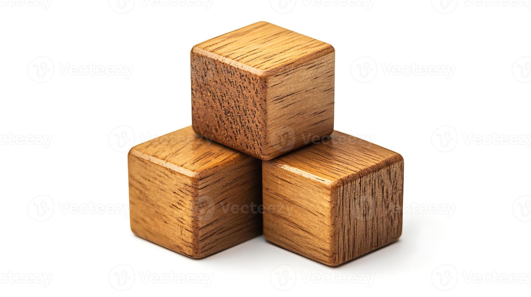 Three wooden blocks stacked on top of each other, isolated on a white background. photo