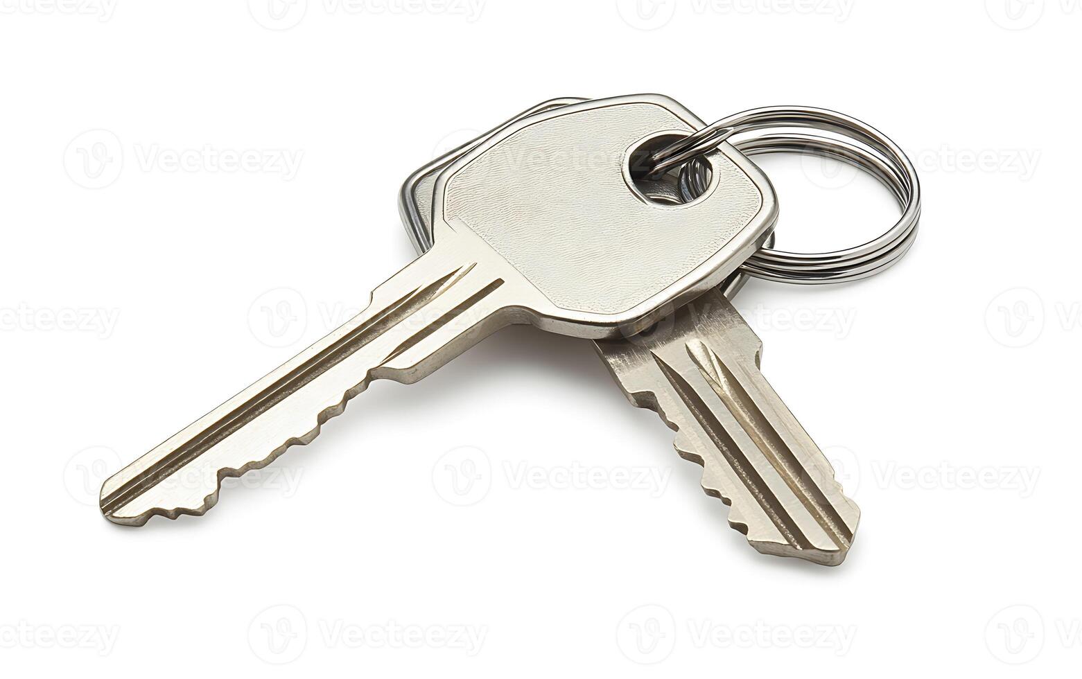 Two silver keys on a keyring isolated on a white background. photo