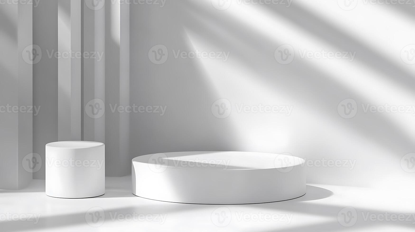 Two white cylindrical podiums on a white background with shadows from a window. photo