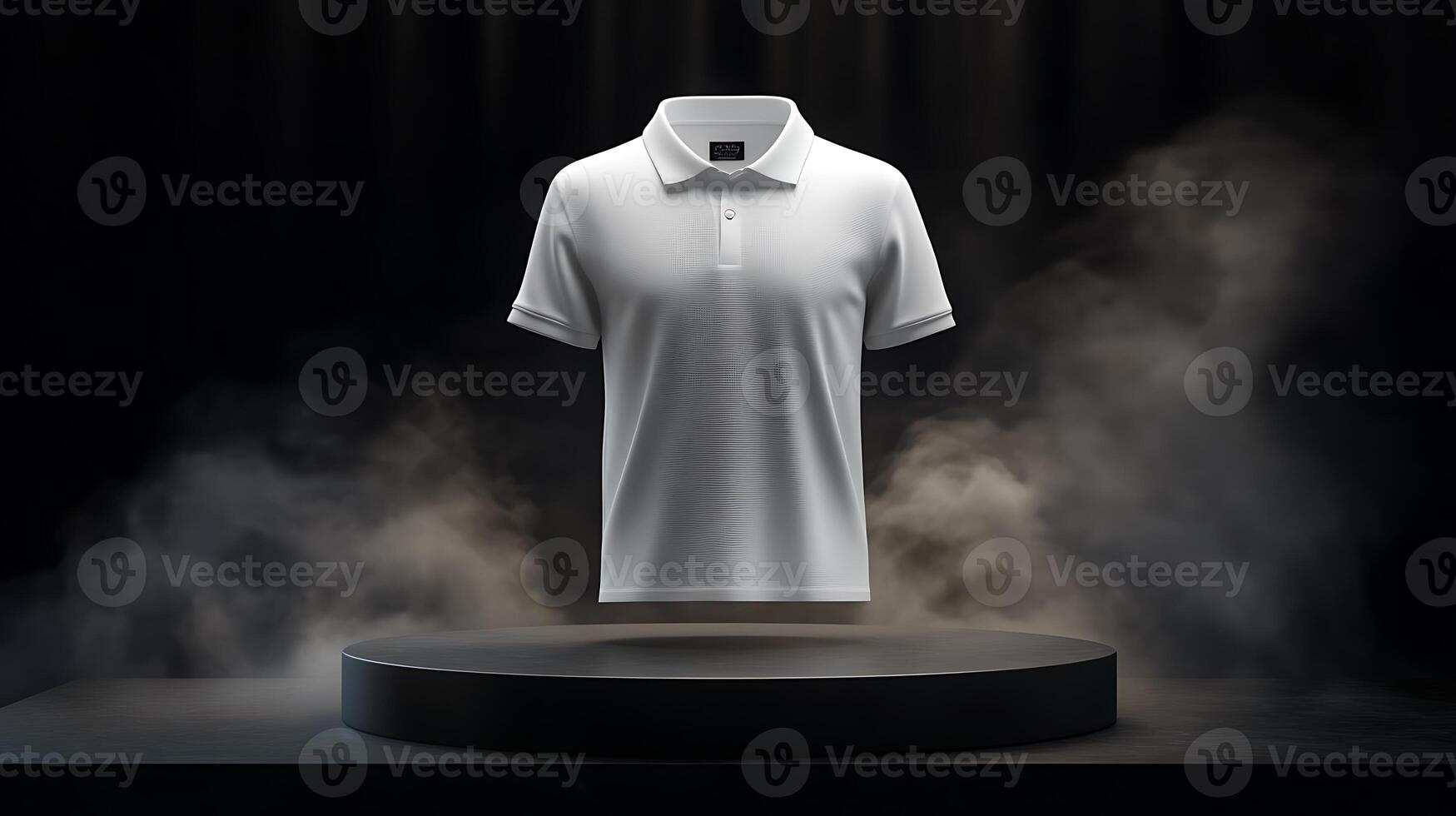 White polo shirt on black pedestal, smokey background. photo