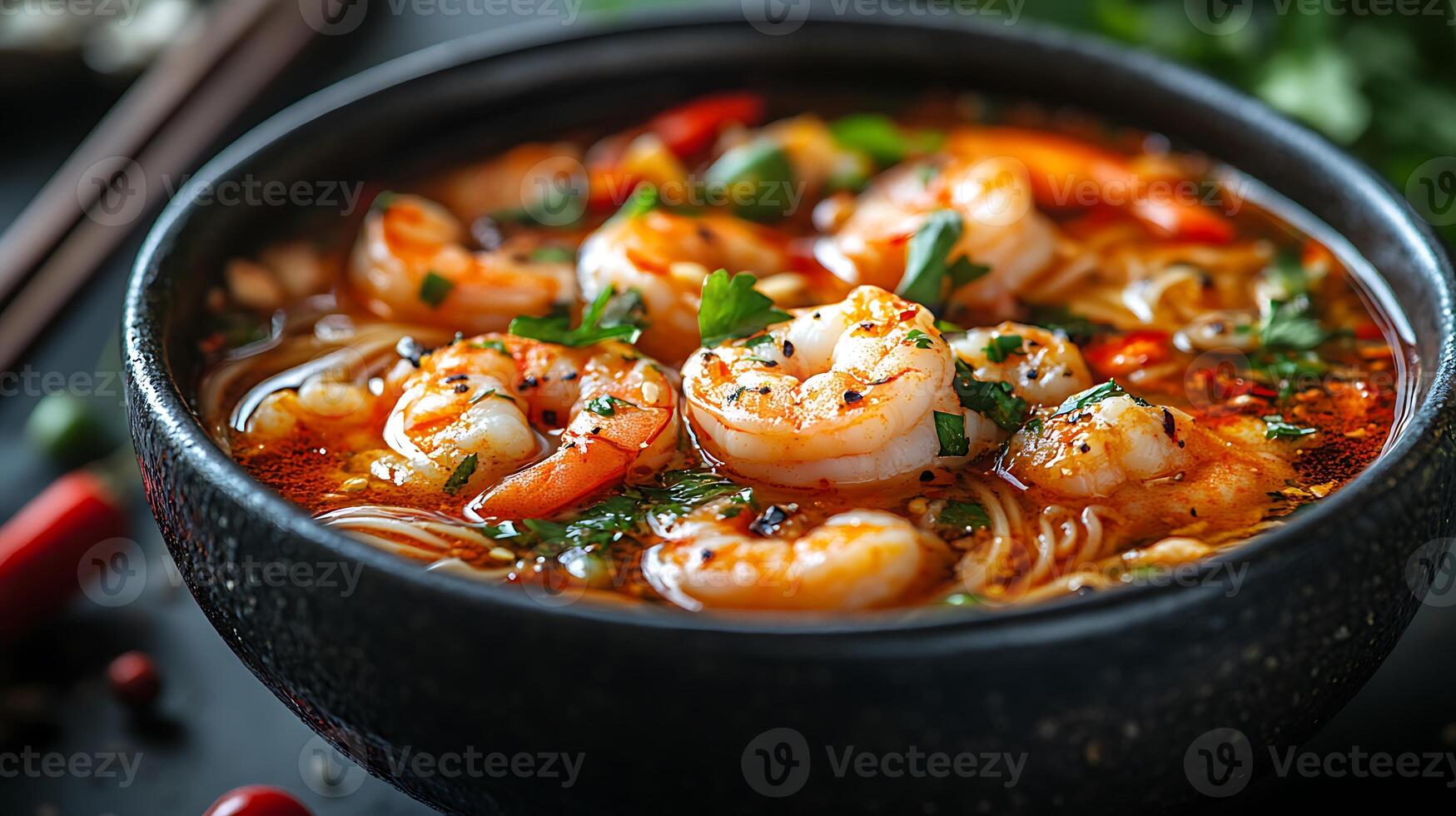 A bowl of spicy shrimp noodle soup with fresh cilantro. photo