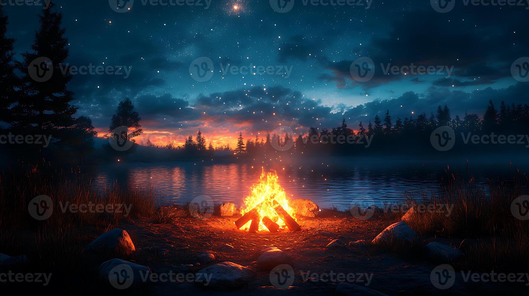 A bonfire burns brightly on a lakeshore under a starry night sky. photo