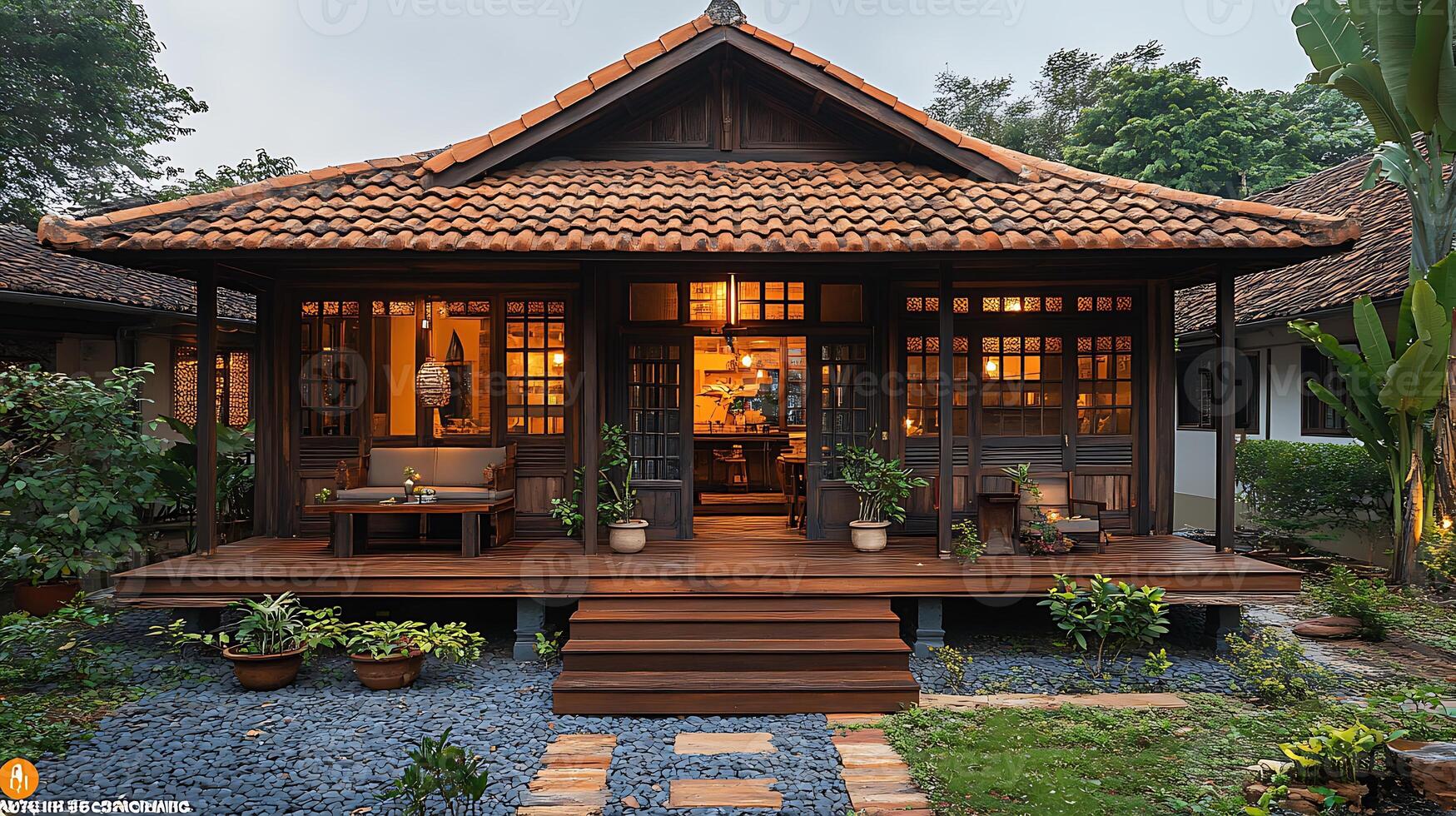 Traditional wooden house with a porch, surrounded by a gravel garden. photo