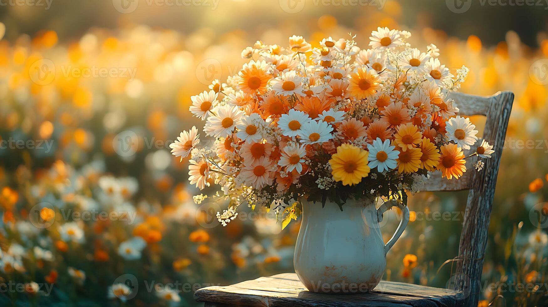A bouquet of white and yellow daisies in a ceramic pitcher on a wooden chair in a field at sunset. photo