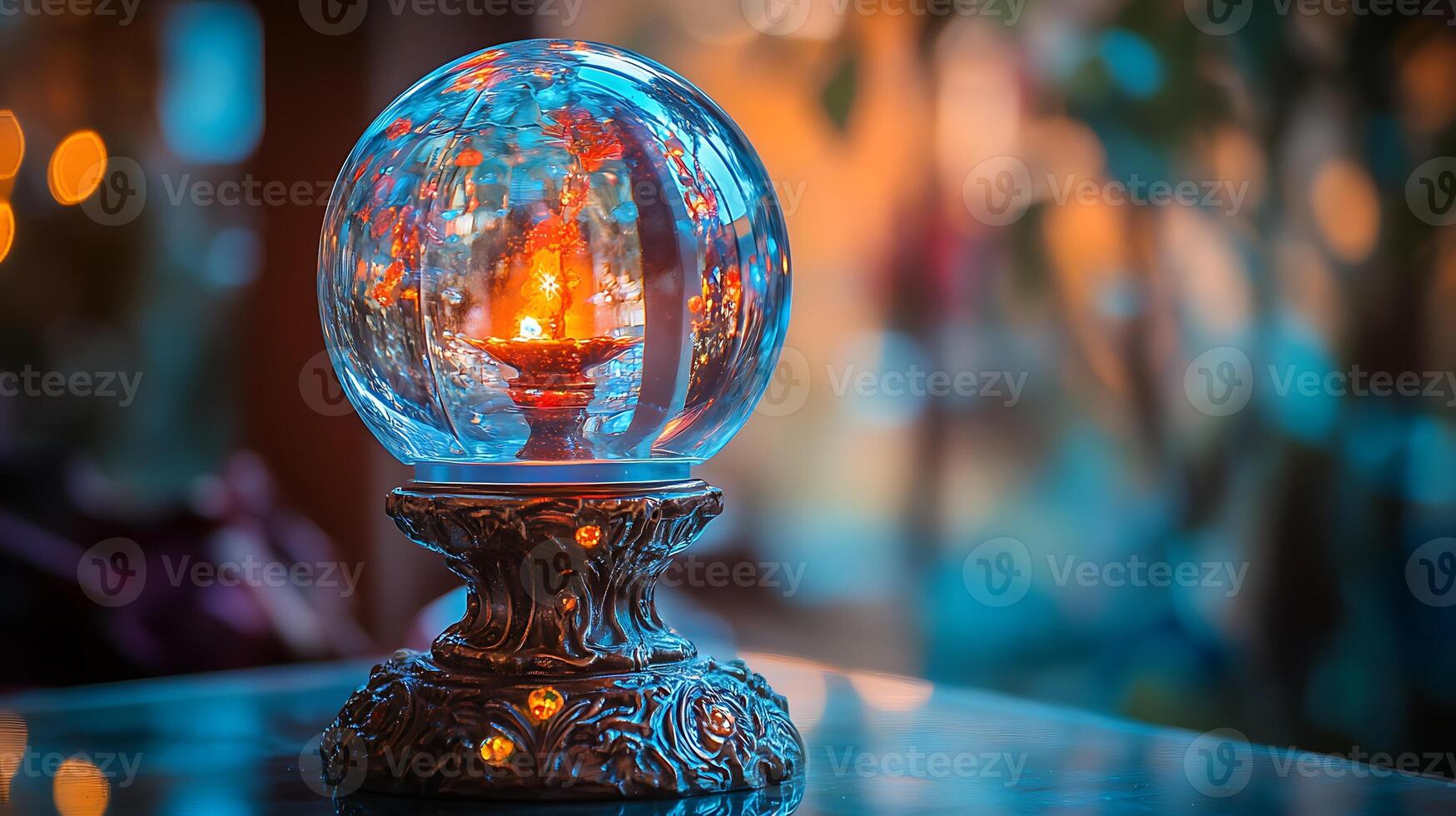 A blue glass globe with a burning candle inside on a detailed metal stand. photo
