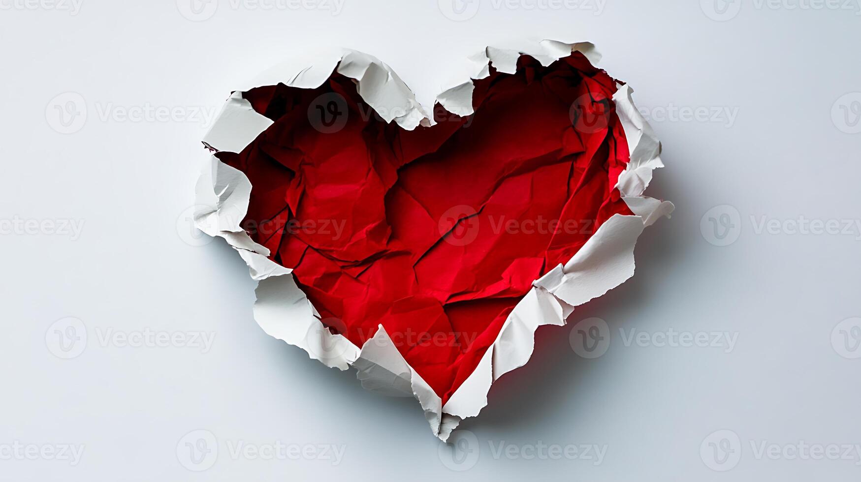Torn white paper revealing red crumpled paper shaped as a heart. photo