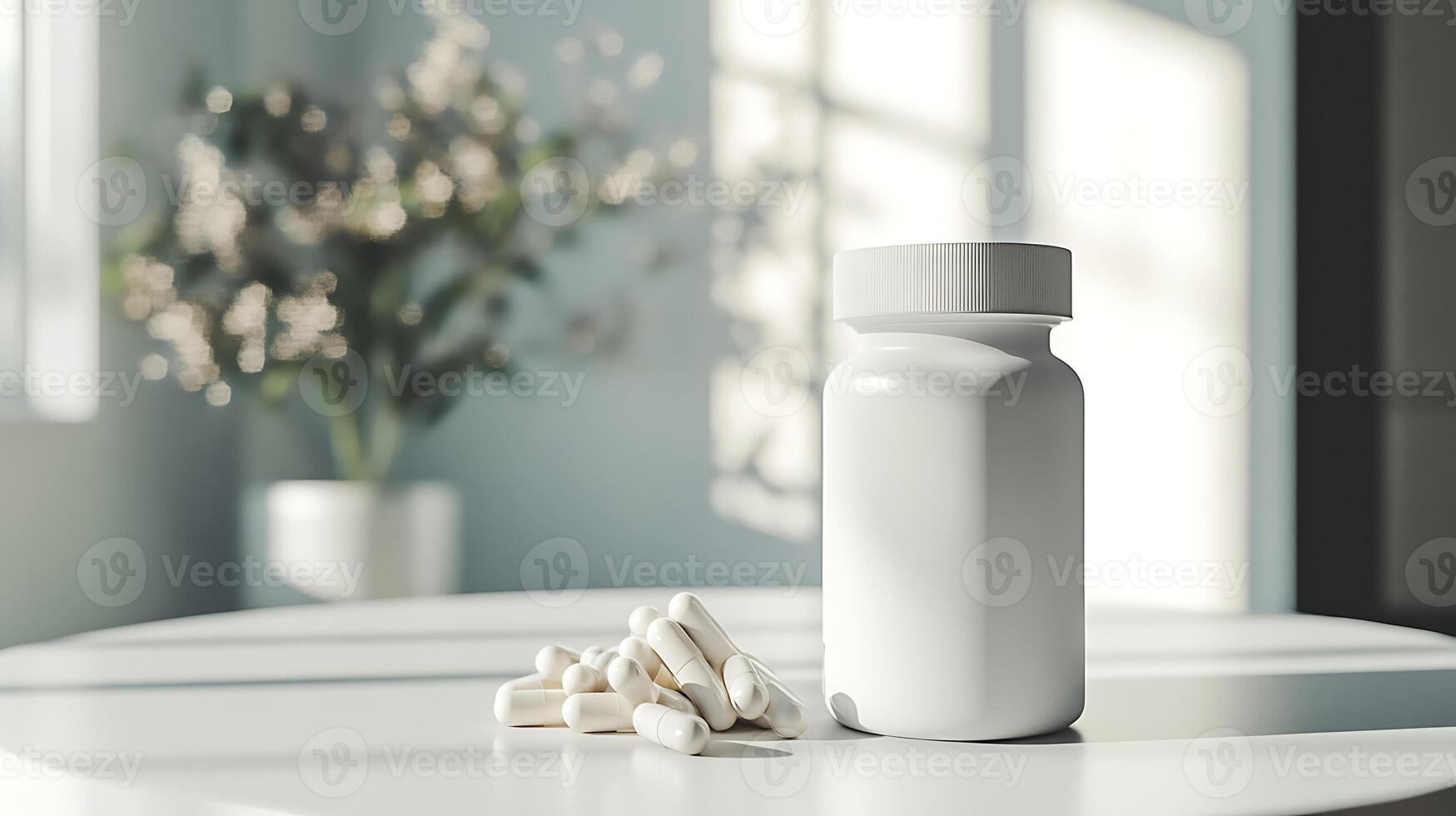 White pill bottle with capsules on a table. photo