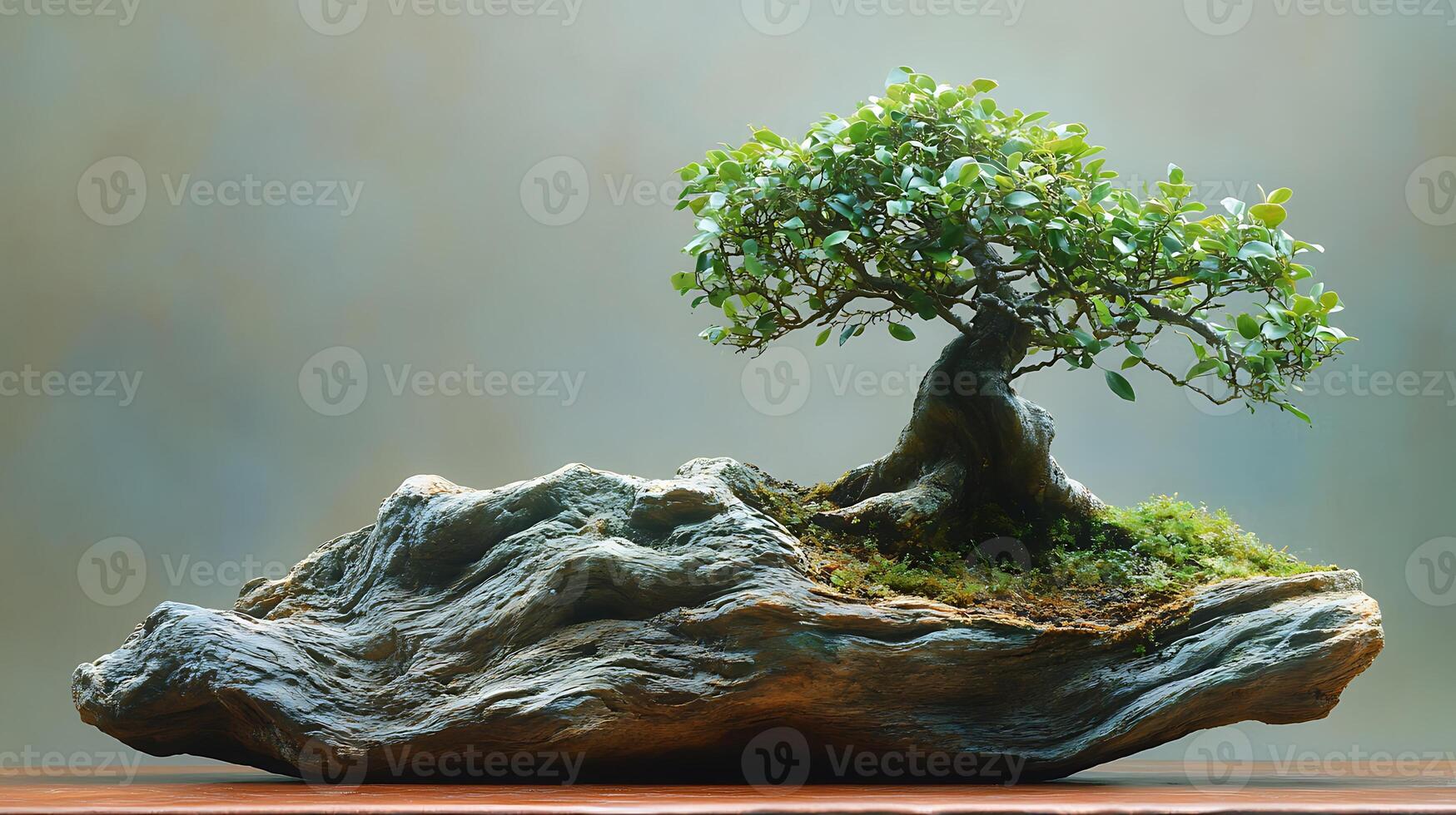 A bonsai tree with green leaves growing on a rock with moss. photo
