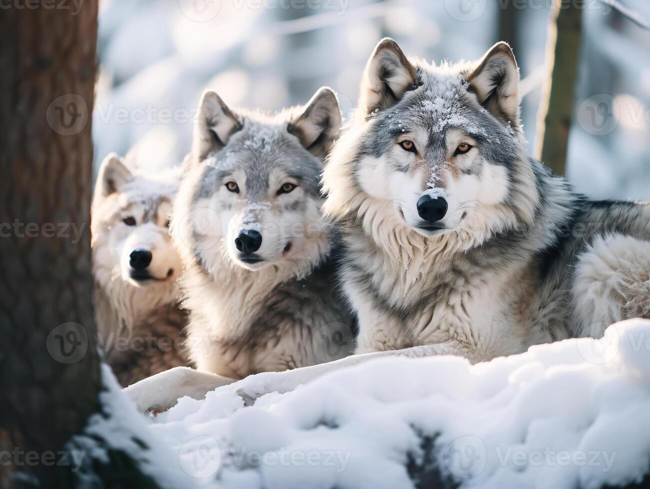 Polar wolves resting and posing in snowy landscape. Winter time photo