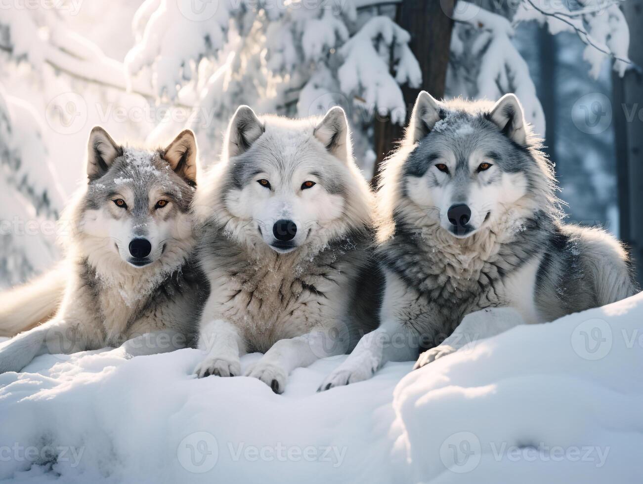 Polar wolves resting and posing in snowy landscape. Winter time photo
