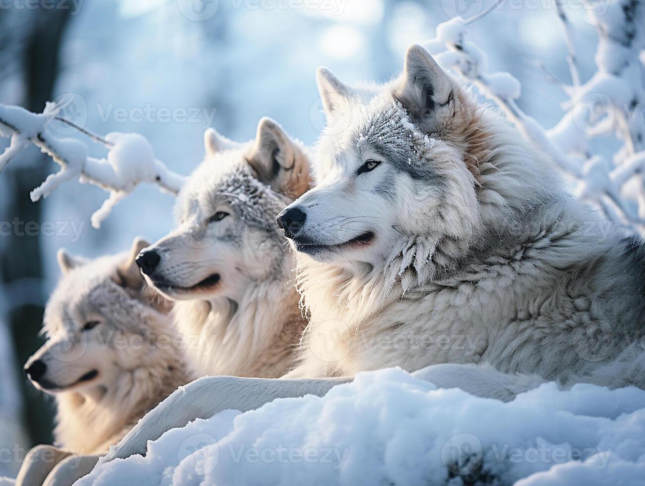 Polar wolves resting and posing in snowy landscape. Winter time photo