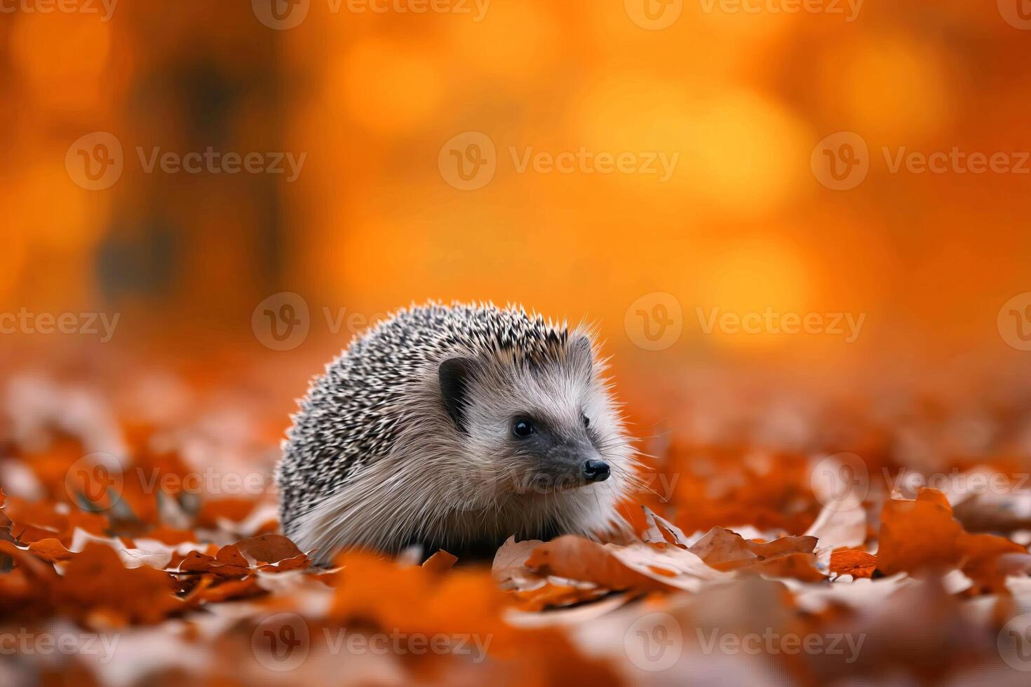 Wild cute hedgehog autumn fall leaves close up discovery, wallpaper, greeting card photo