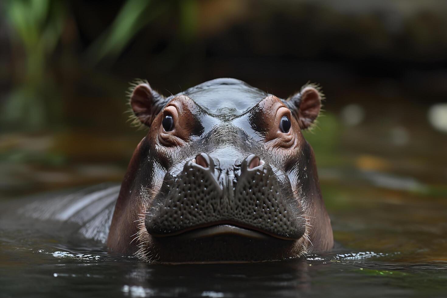 Cute hippo is swimming in a river with its head above the water photo