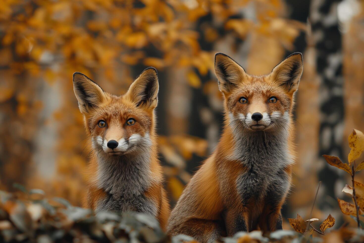 Portrait of two fluffy red foxes in a bright autumn forest. Yellow autumn leaves photo