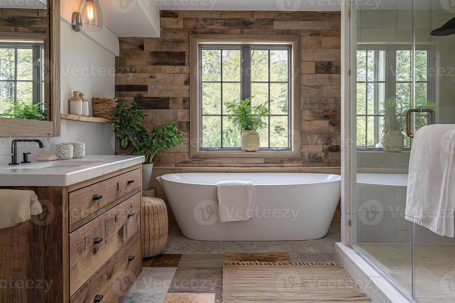 Modern bathroom in a farmhouse with elements of stone and wood. White and gray shades photo
