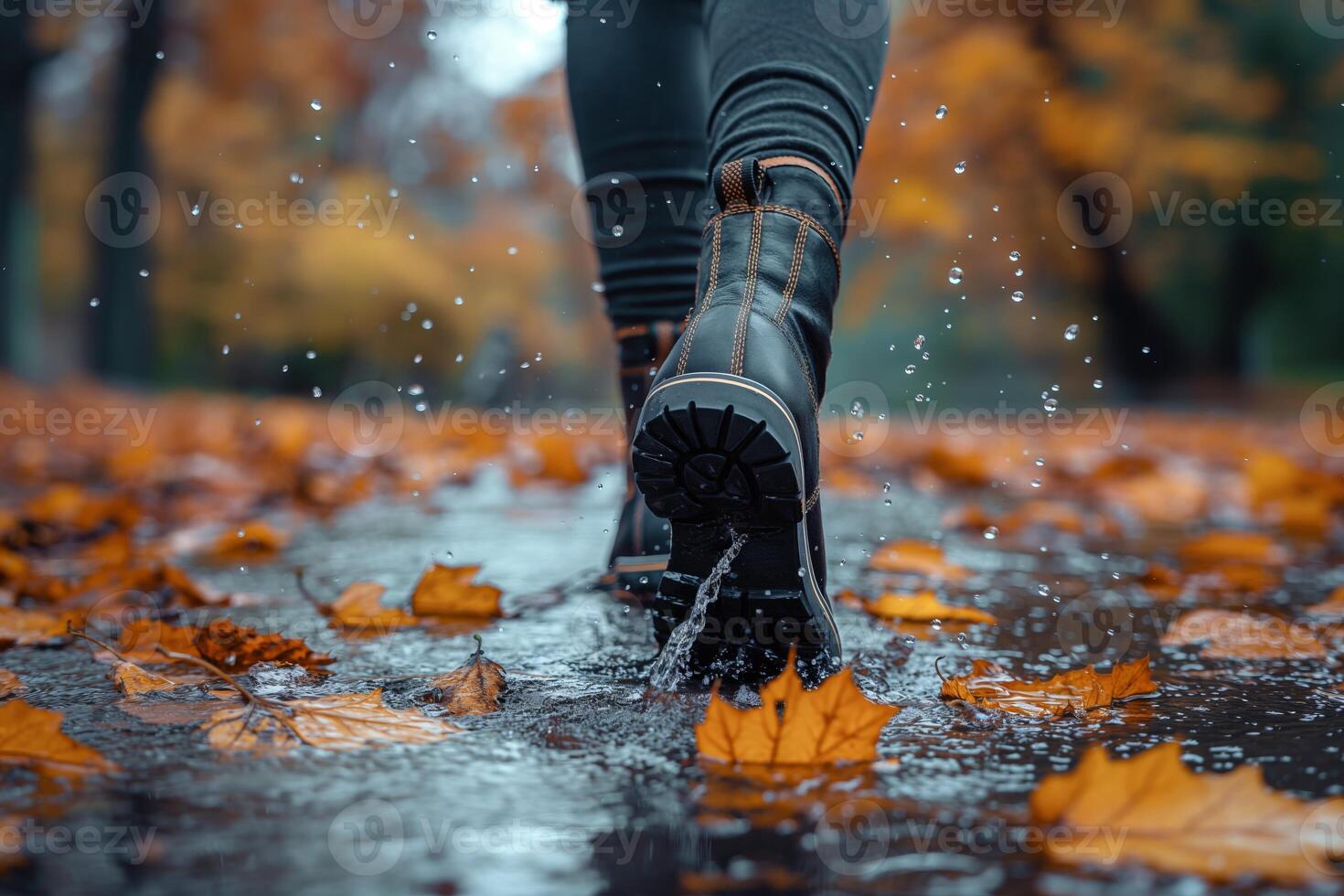 Woman walking through a puddle covered in autumn leaves during a rainy day in a park photo