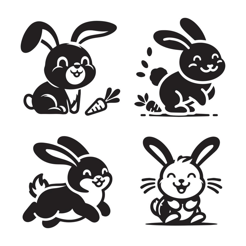 Set of Cute Rabbit Black silhouette Cartoon Bunny Illustrations in Playful Poses with Carrot vector