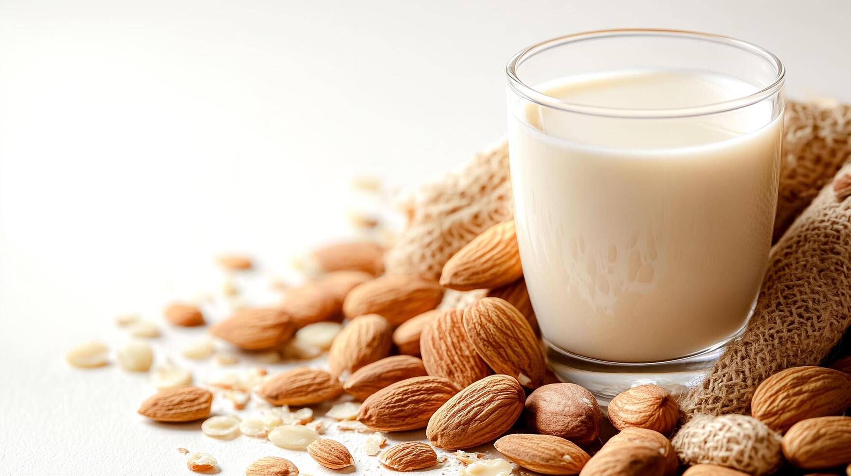 A glass of milk is on a table with a bunch of almonds photo
