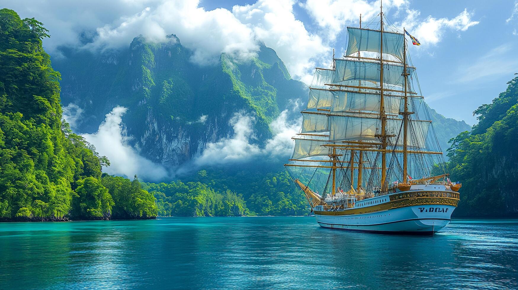 A large white sailboat is sailing in the ocean photo