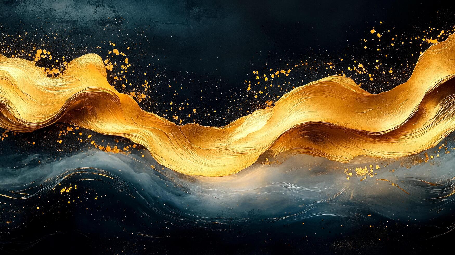 A painting of a gold wave with a blue background photo