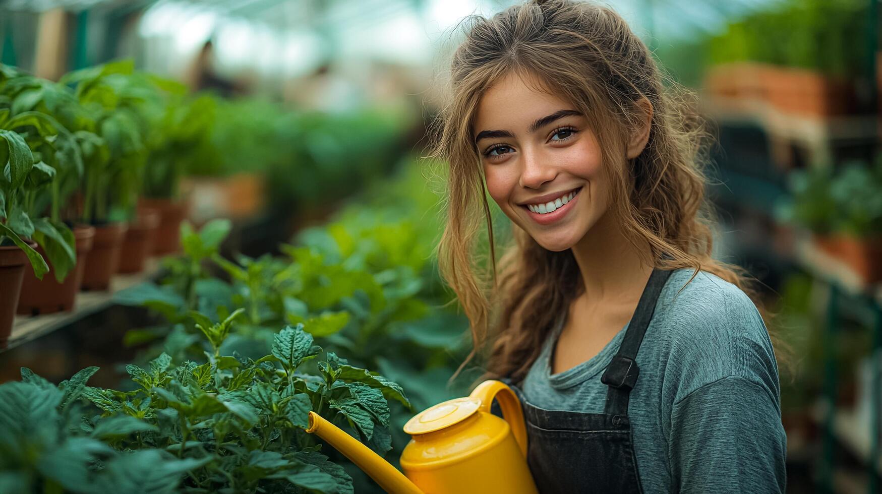 A woman is smiling and holding a watering can in a greenhouse photo