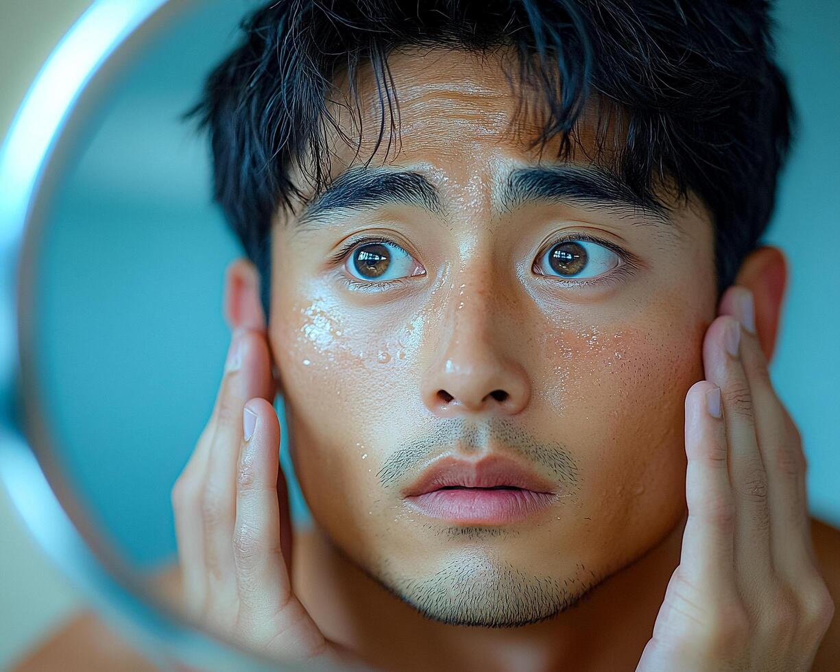 A man is looking into a mirror and wiping his face with a towel photo