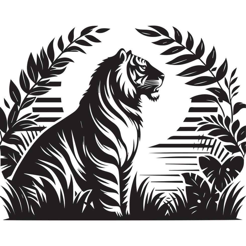 Majestic Tiger Silhouette in Jungle Foliage, Black and White Wildlife Illustration design vector