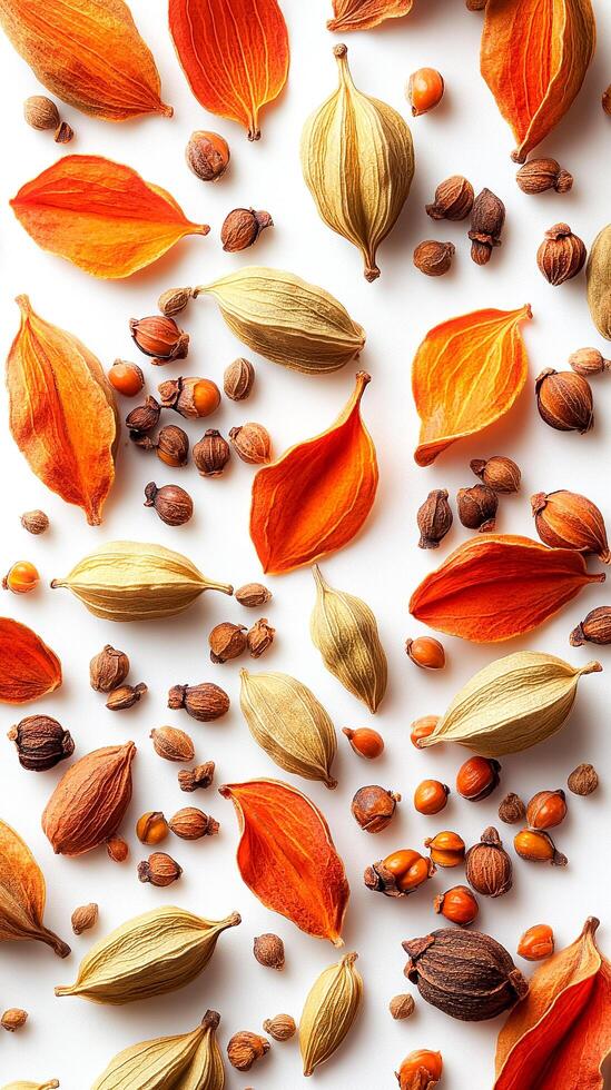 A close up of various spices and seeds, including some orange and yellow ones photo