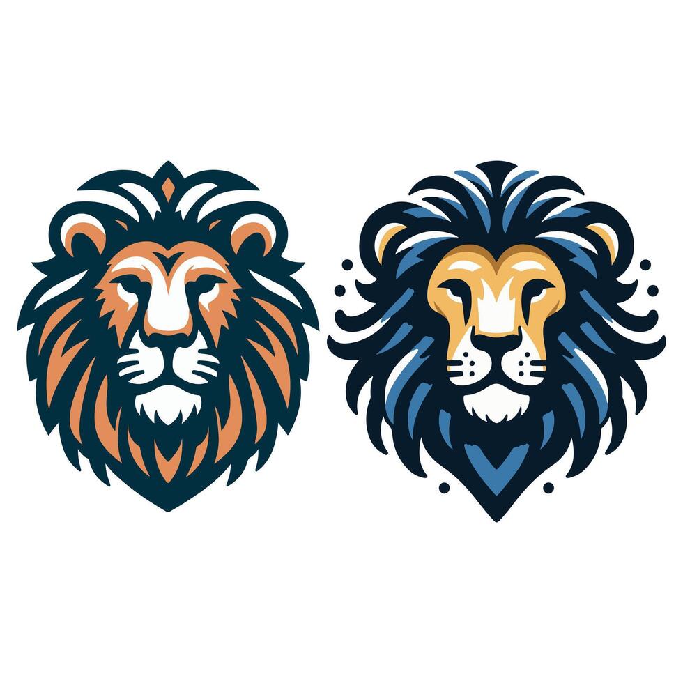 Set of Two Black silhouettes Lion Head art illustration Logos design vector