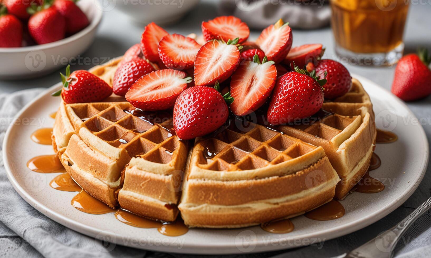 Strawberry Topped Waffles with Syrup photo