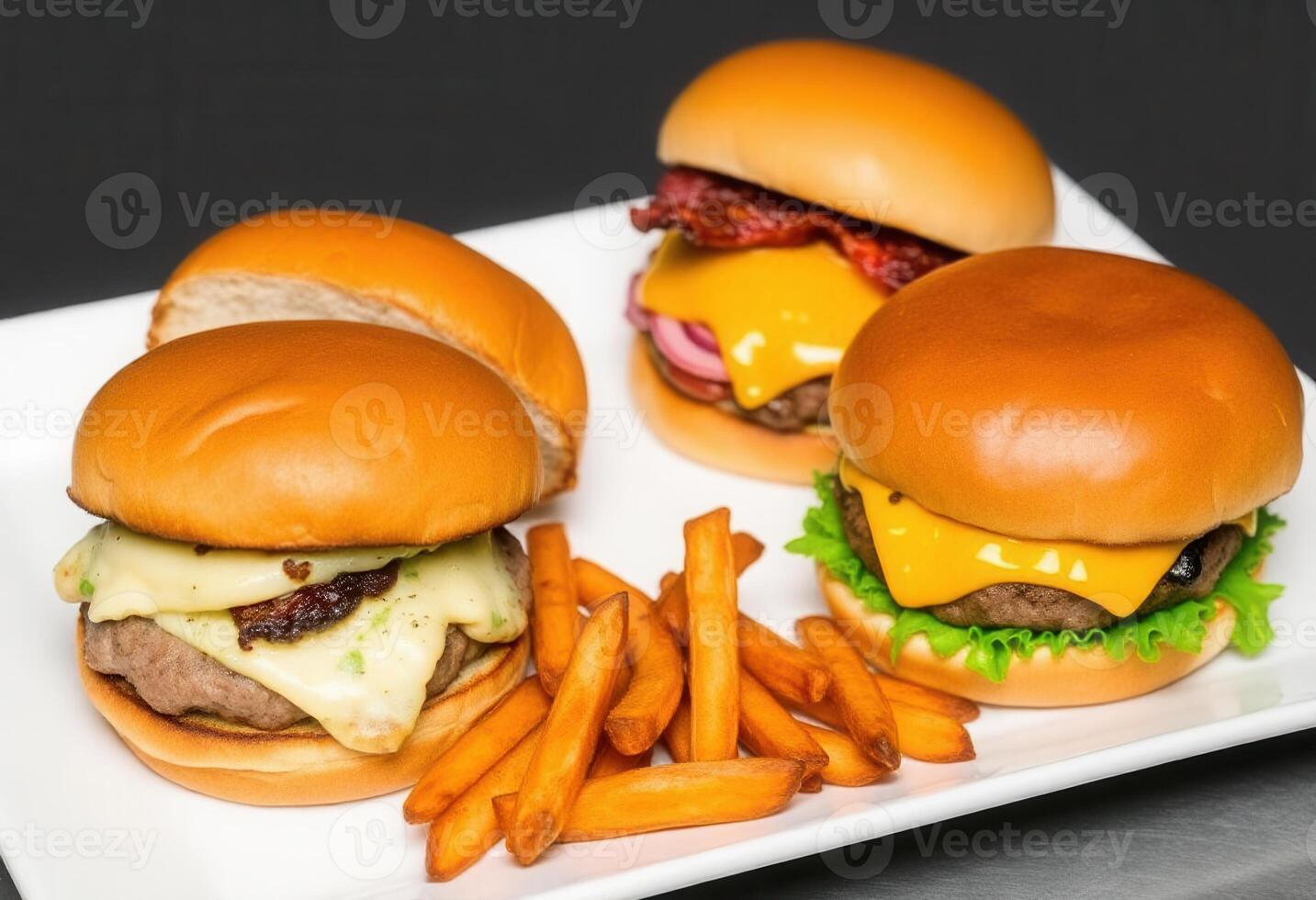 Gourmet Burger Trio with Sweet Potato Fries photo