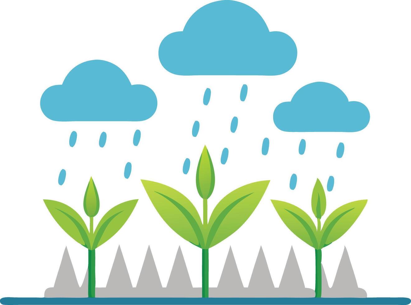 illustration of green plants receiving rain under a bright sky, symbolizing growth and nourishment in nature vector