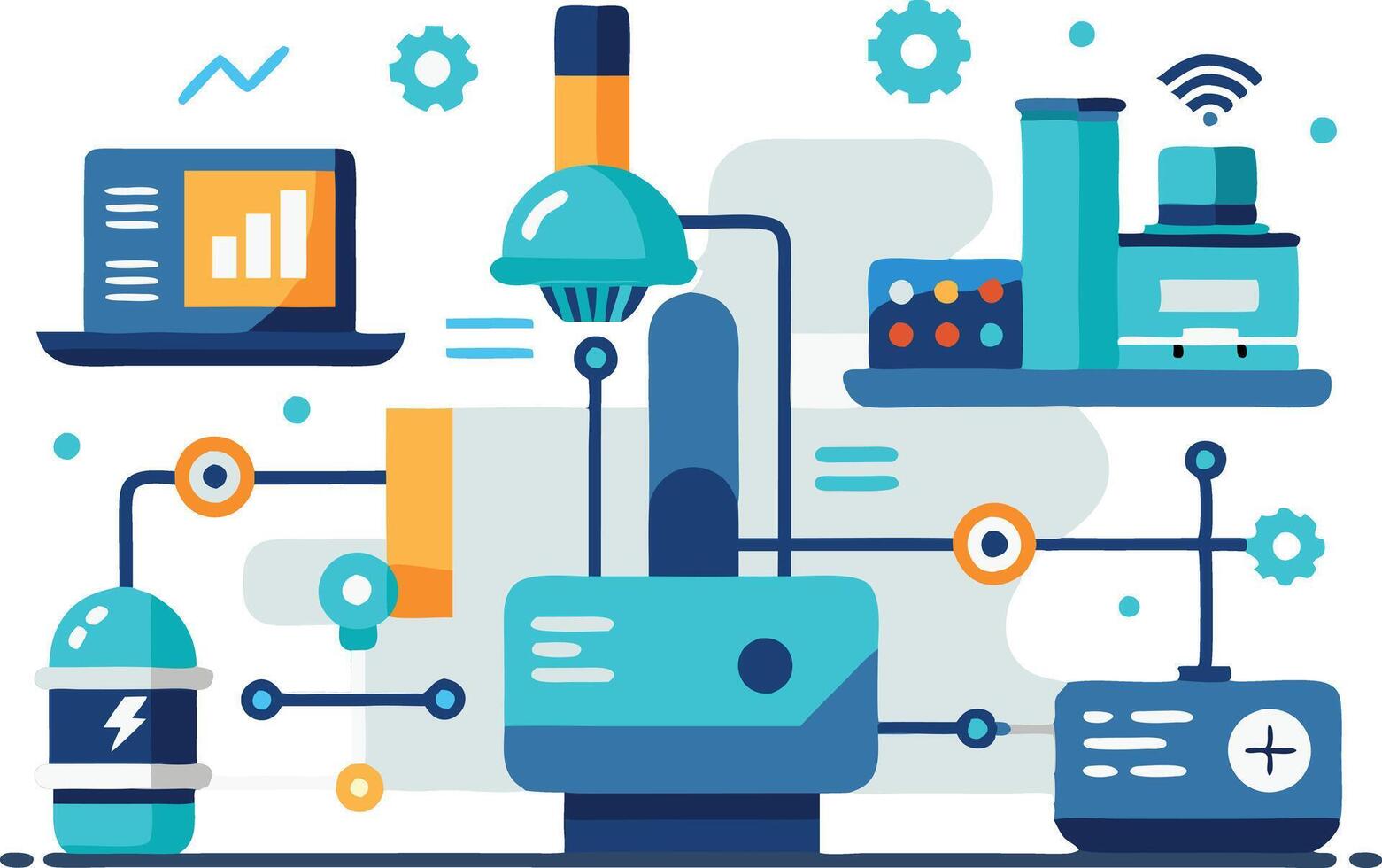 illustration of a modern industrial workspace with machines, graphs, and digital technologies symbolizing automation and innovation vector