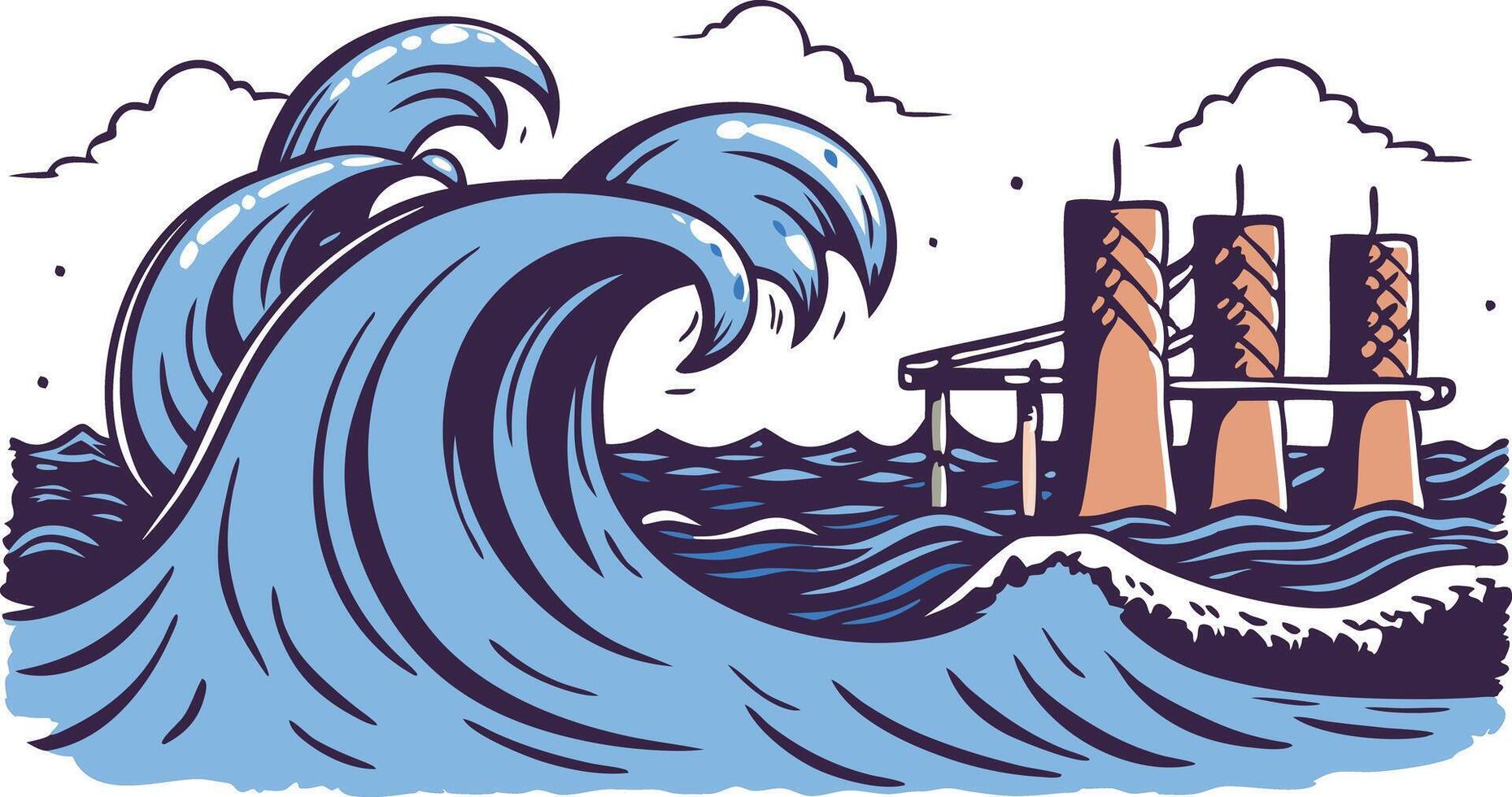 illustration of ocean waves crashing near an oil rig vector