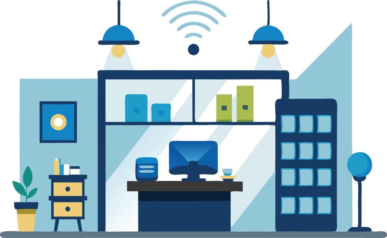Modern home office illustration featuring a desk, computer, and decorative elements vector