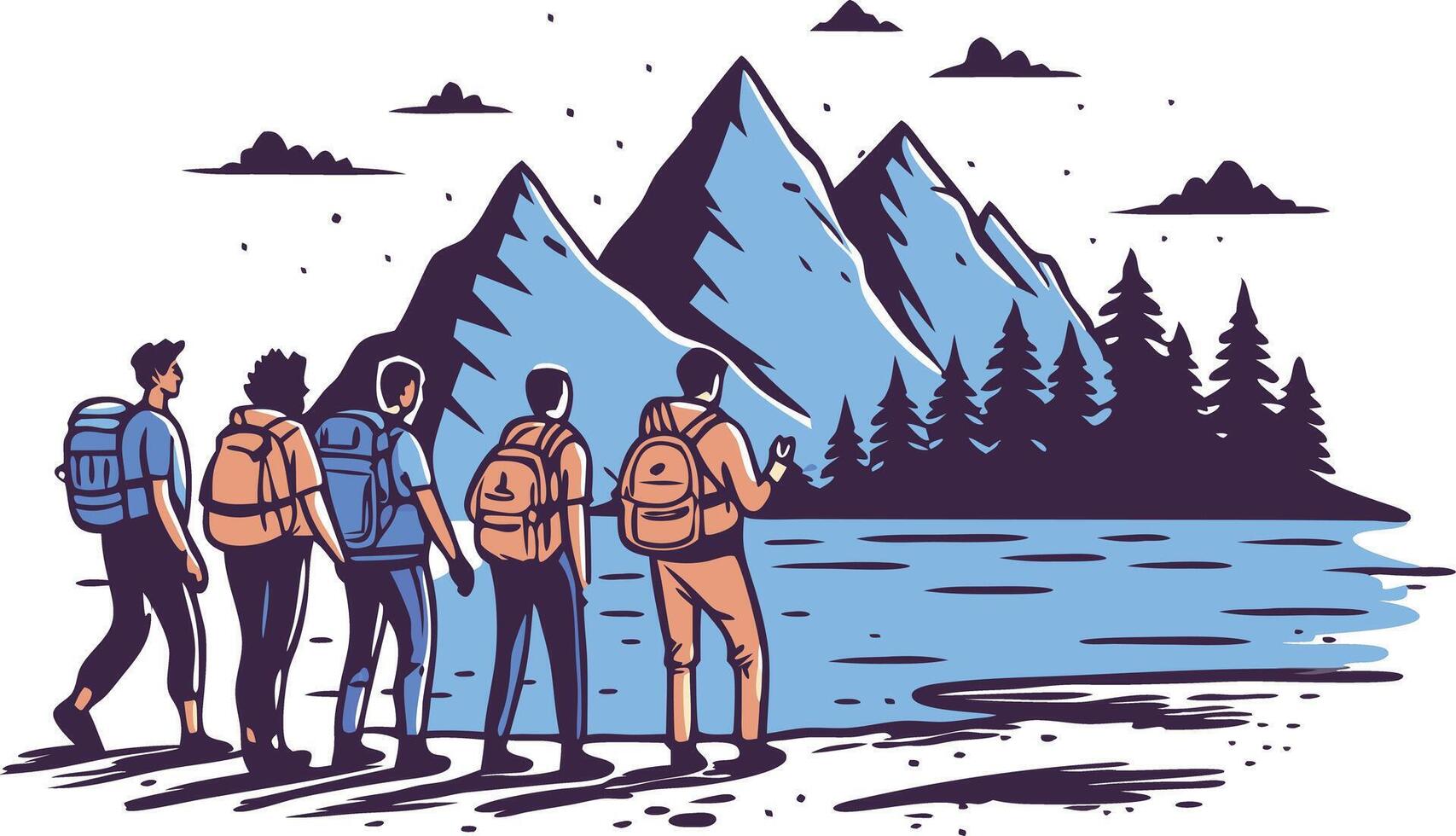 Group of hikers exploring a tranquil lake surrounded by mountains in a serene outdoor landscape vector