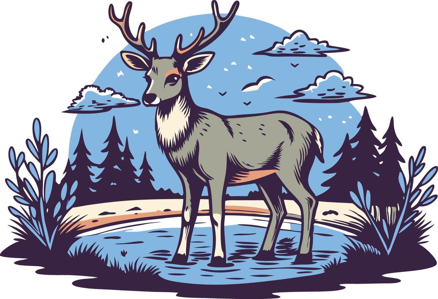 A serene deer standing by a calm lake surrounded by trees, under a cloudy sky vector