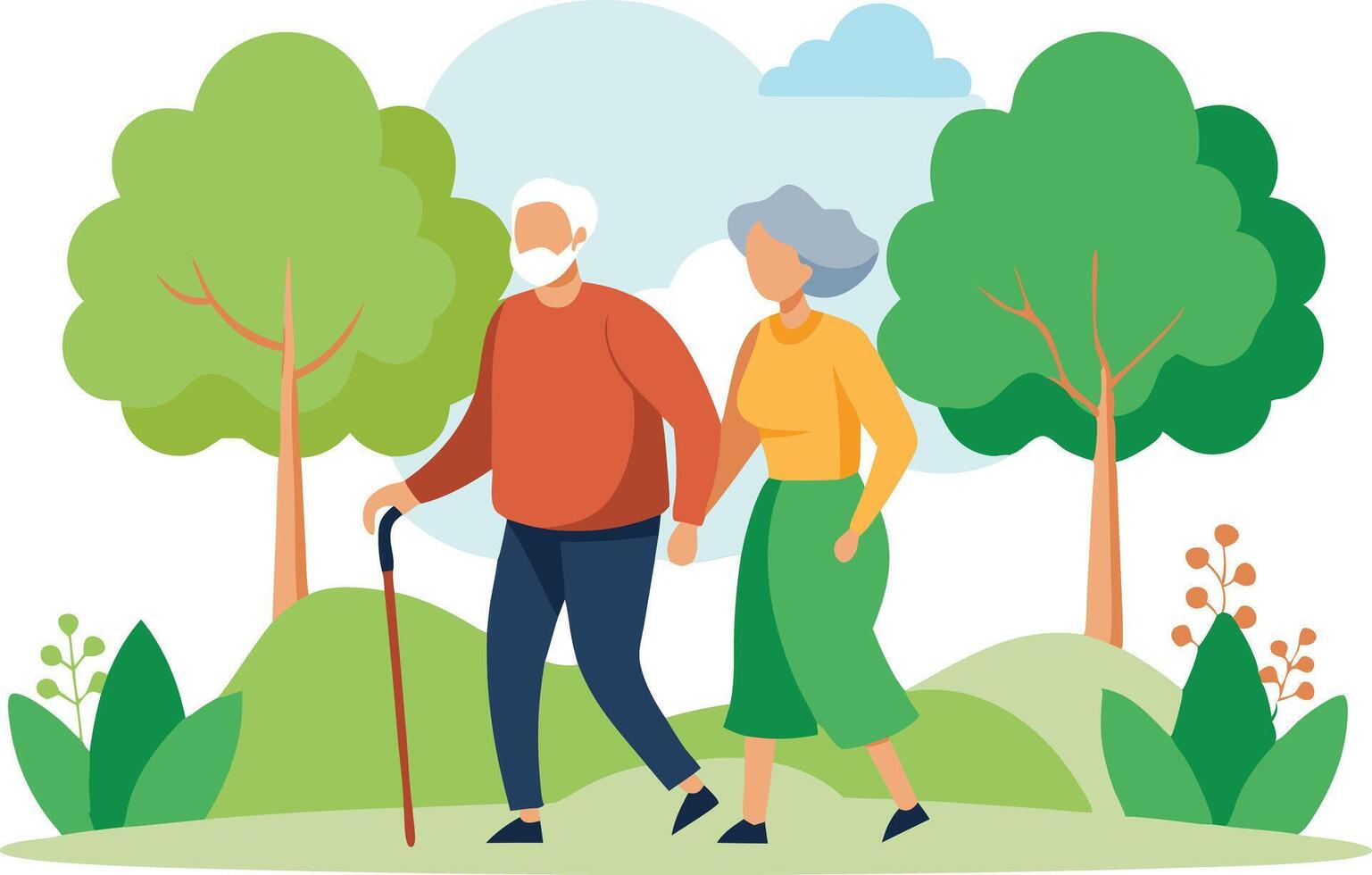 Elderly couple walking hand in hand in a park, surrounded by greenery and vibrant plants vector