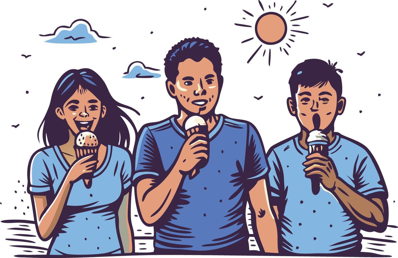 Three friends enjoy ice cream at the beach on a sunny day vector