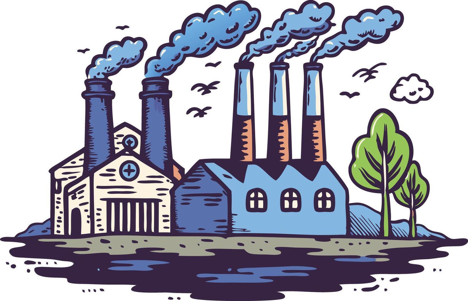 illustration of a factory with smokestacks and trees by a body of water vector