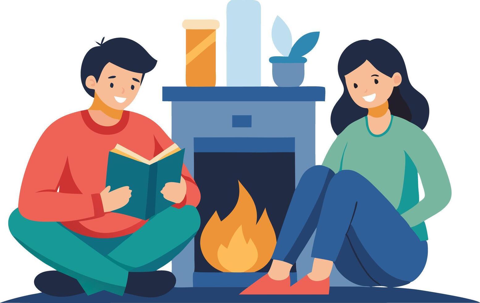 Cozy evening by the fireplace with a couple reading and relaxing together at home during winter vector