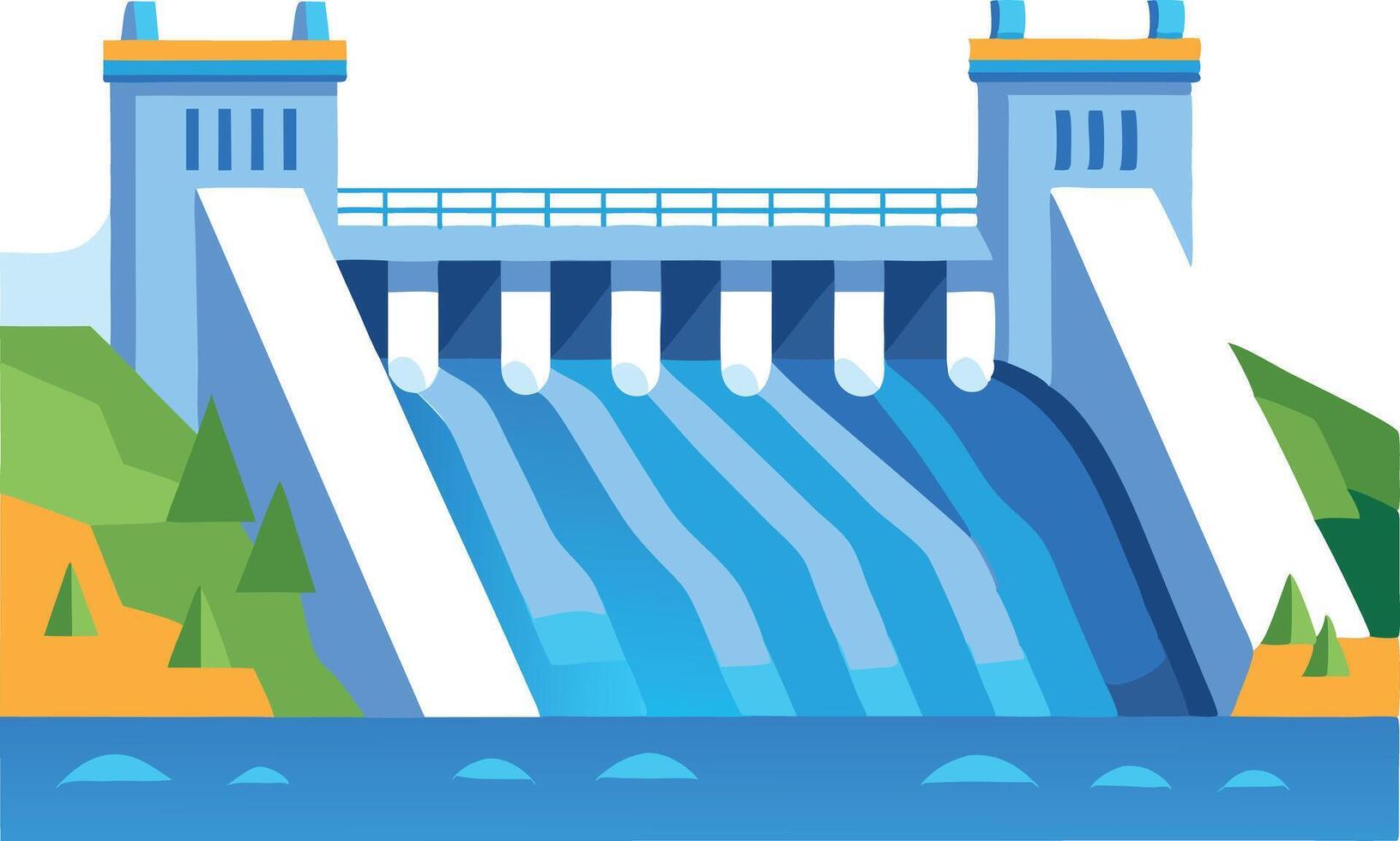illustration of a modern dam with flowing water and surrounding greenery vector